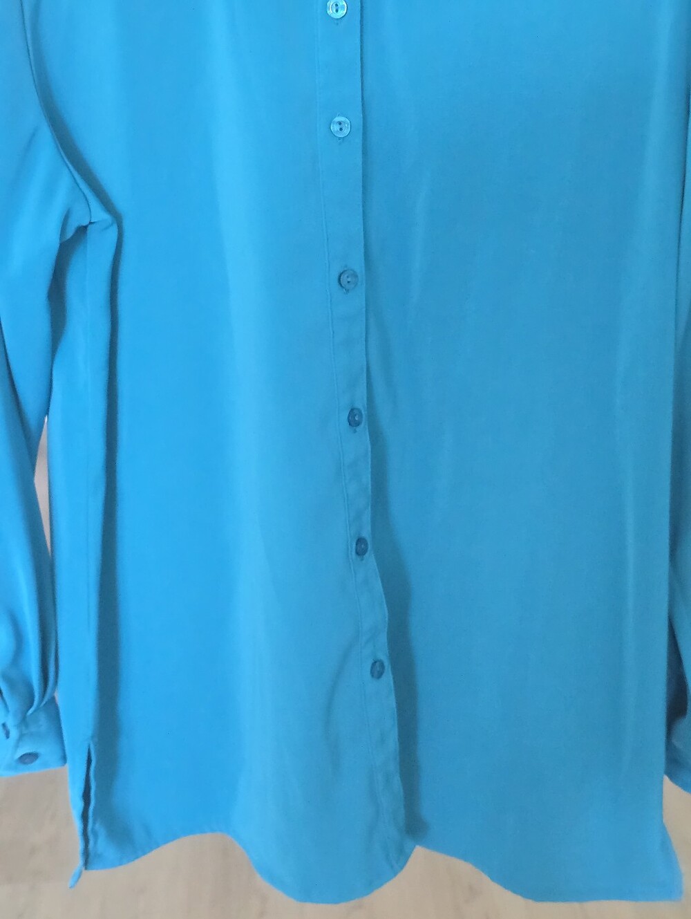 Susan Graver Teal Liquid Knit Button Front Blouse Women's Medium Long Sleeve - Picture 4 of 9